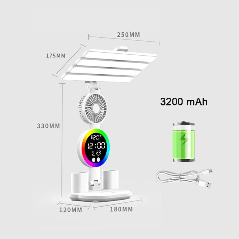 3 In 1 LED Fan With Desk Lamp, Rechargeable LED Desk Lamp with Fan, Portable LED Reading Lamp, Multifunctional Desk Lamp with Phone Holder
